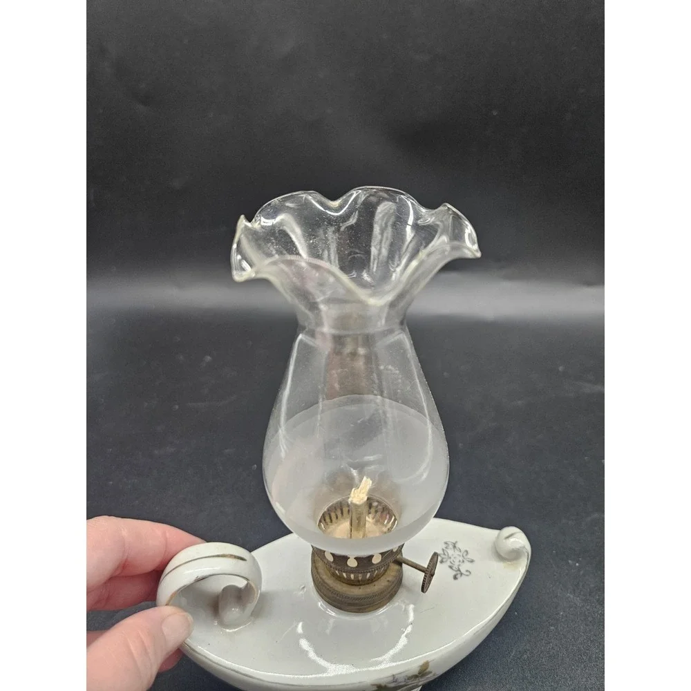 Vintage Small 7 Inch Oil Lamp Genie Style With Finger Hole - Floral Pattern